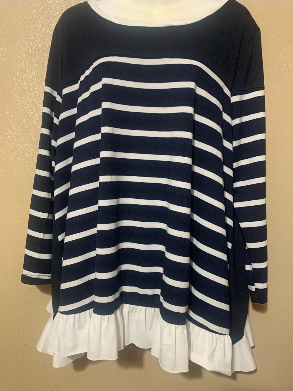 Umgee 1X Navy and White Striped Ruffle-Hem Tunic